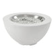 White gas fire pit bowl with stainless rim and clear fire glass burner media