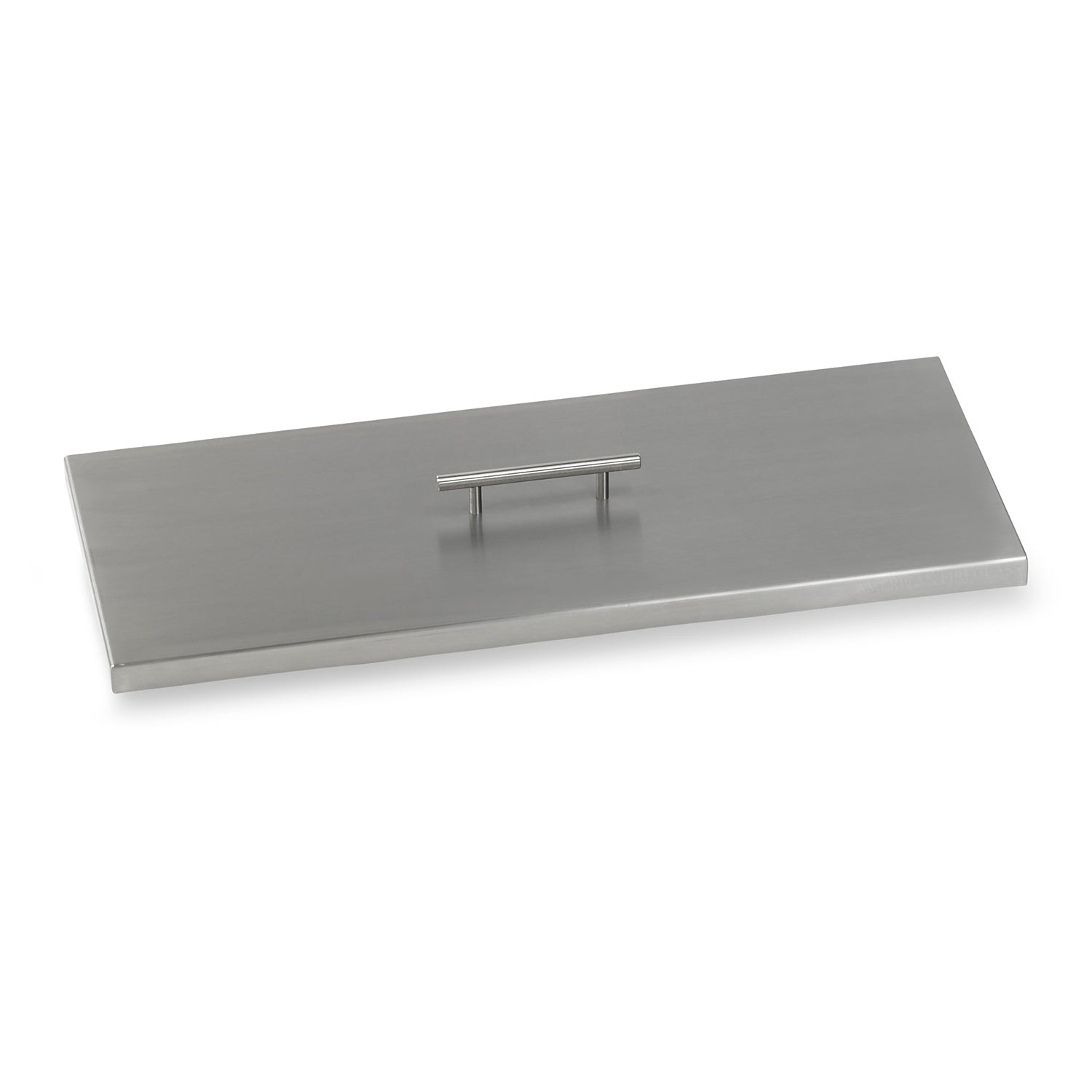 Rectangular stainless steel fire pit burner cover with raised handle detail