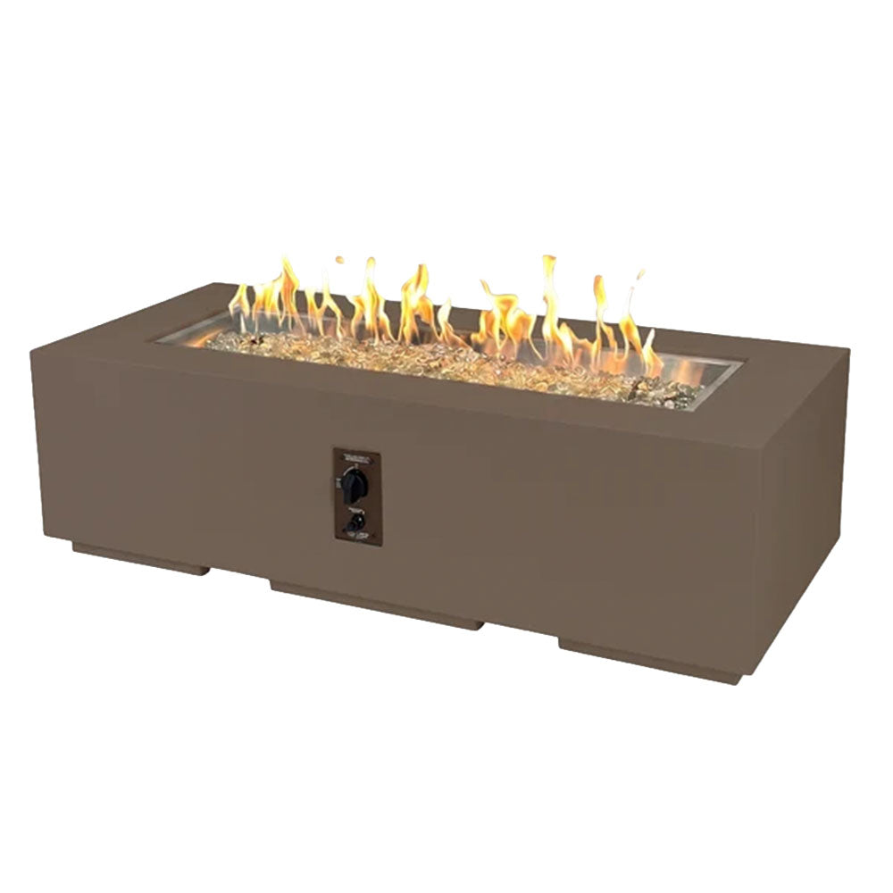 Dark brown linear gas fire pit table with open flame and side control panel