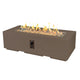 Dark brown linear gas fire pit table with open flame and side control panel