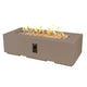 Brown linear gas fire pit table with open flame and control panel on the side
