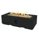 Black linear gas fire pit table with open flame across the rectangular burner
