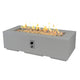 Light gray linear gas fire pit table with open flame and side control panel