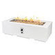 White linear gas fire pit table with open flame and built-in control panel