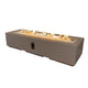 Rectangular gas fire pit table with flames, medium brown-gray finish and control panel