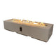 Rectangular gas fire pit table with flames, light gray finish and control panel