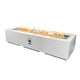 Rectangular gas fire pit table with flames, white/light gray finish and control panel