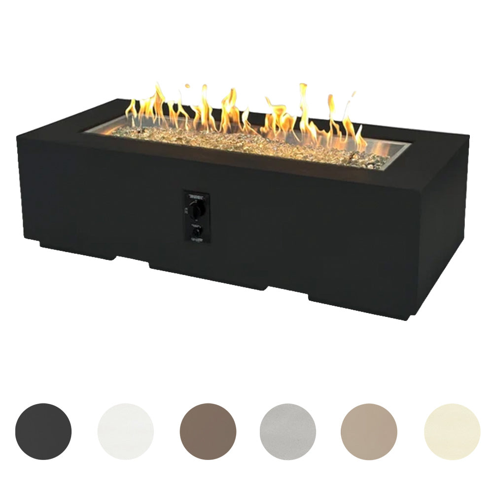 Black linear gas fire pit table with open flame and side control panel, color options shown