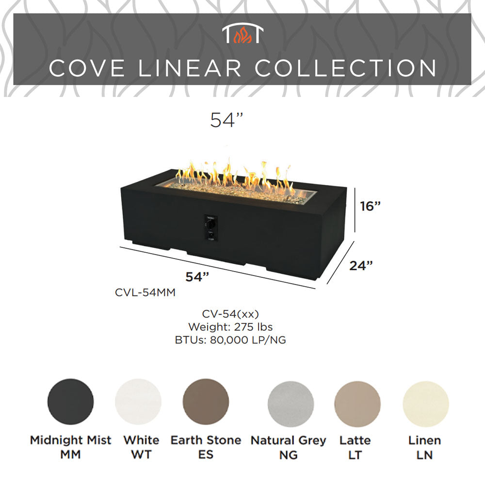 Black linear gas fire pit table with open flame, 54-inch length