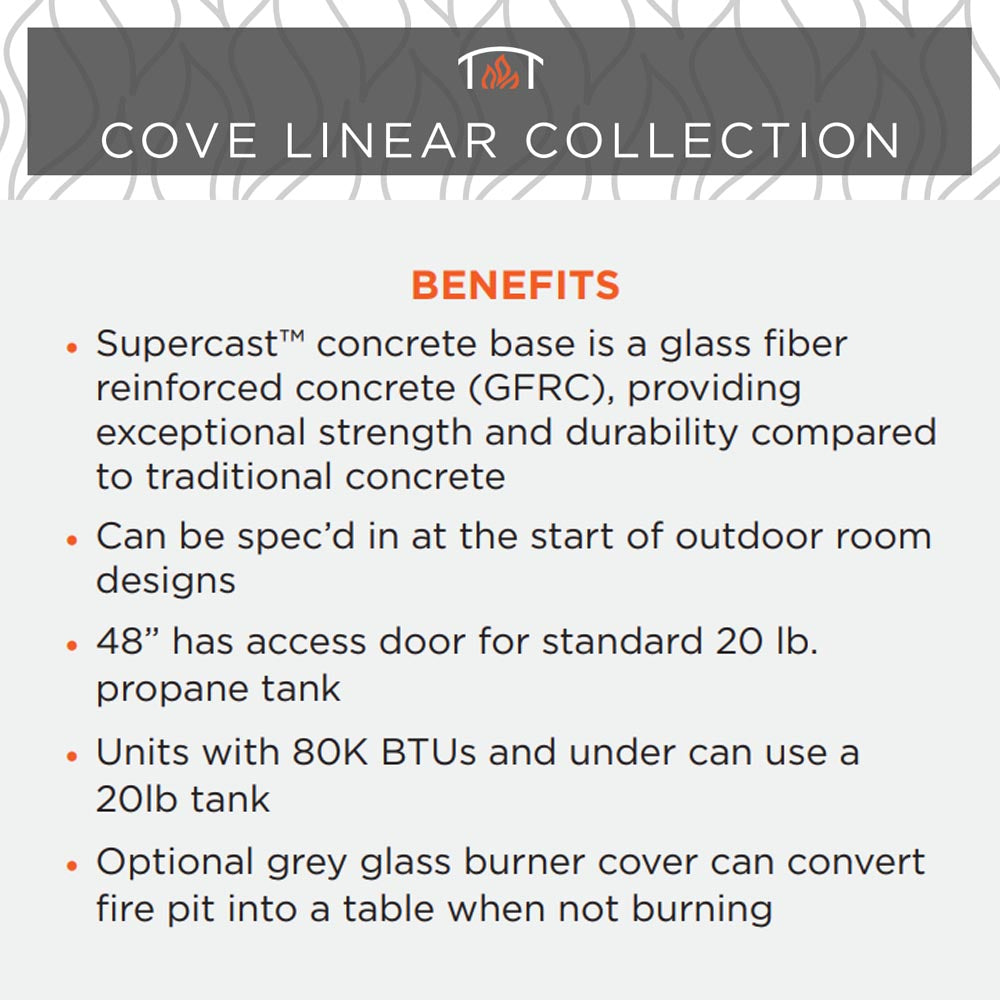 Cove Linear Collection benefits graphic with durability, access door, and BTU notes