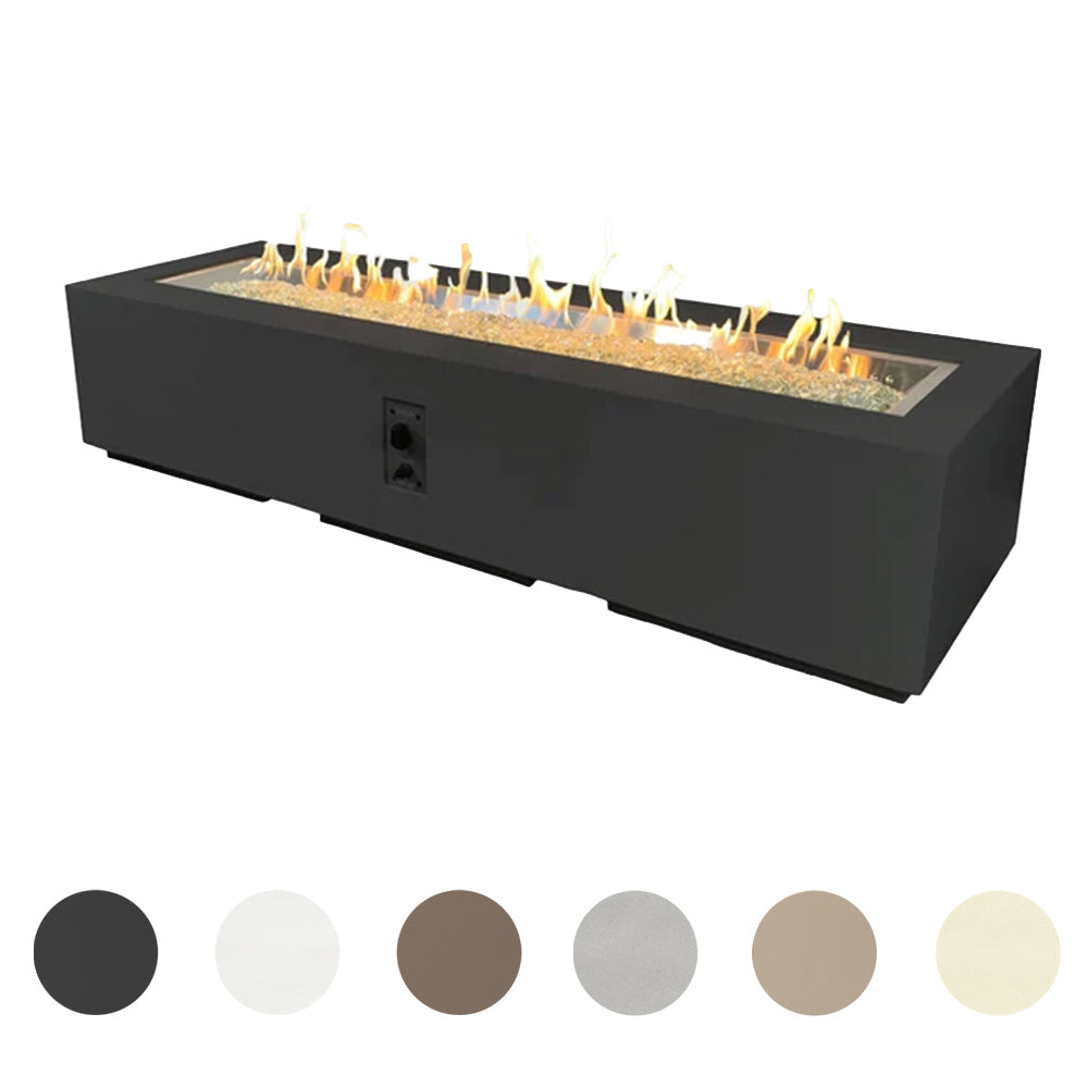 Rectangular gas fire pit table with flames in dark finish; color swatch row below