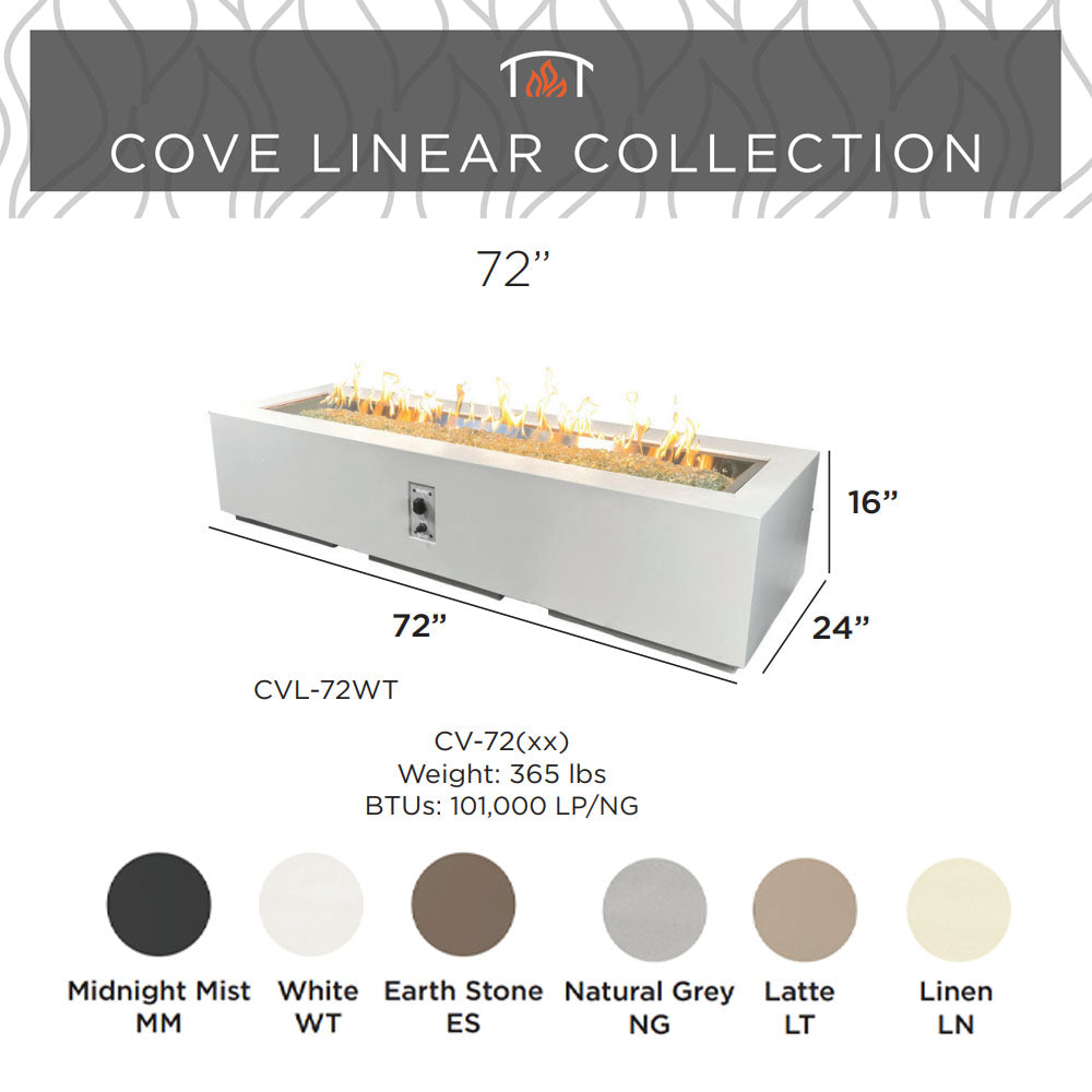 Cove Linear Collection 72" dimensions graphic with height/width and color swatches