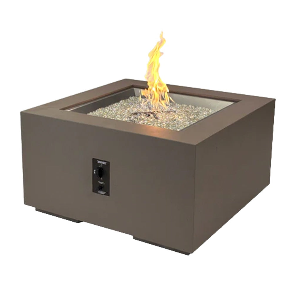 Square gas fire pit table in dark finish with flame visible through open top