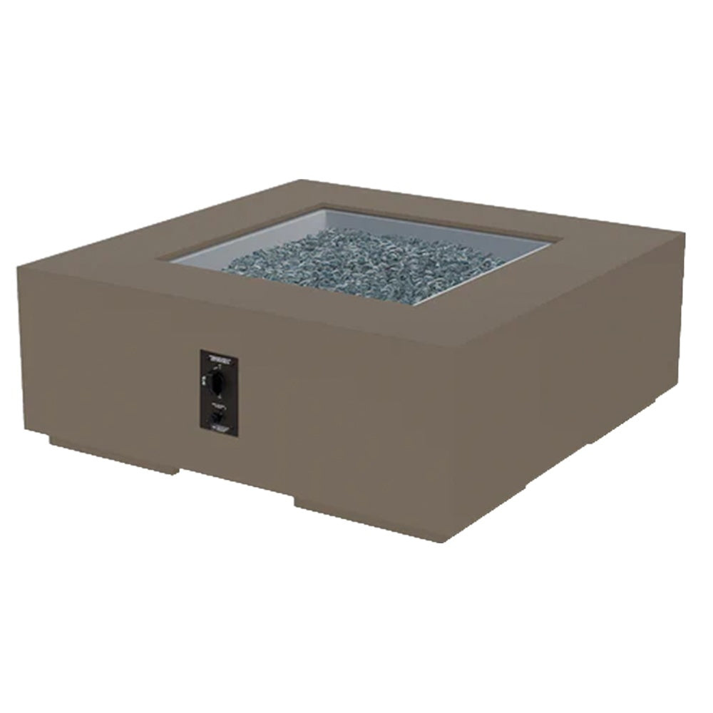 Square gas fire pit table in taupe finish, glass fire bed, and front control panel.