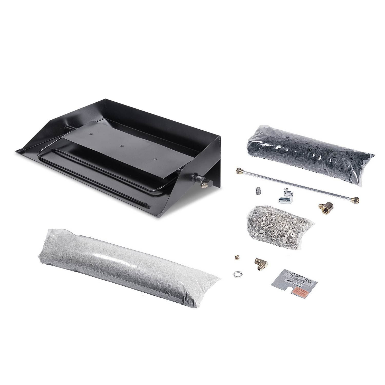Vented fireplace burner kit with black burner pan, insulation wraps, and mounting hardware
