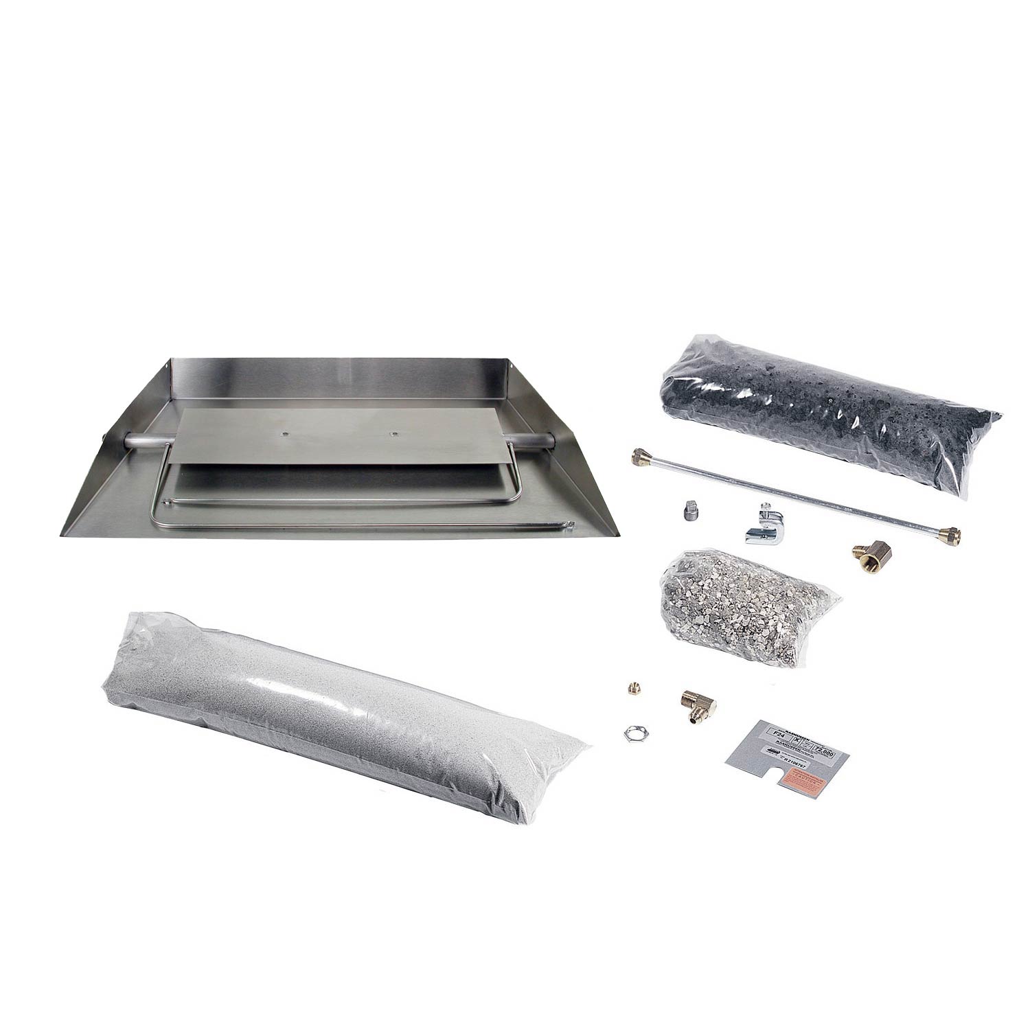 Stainless steel vented fireplace burner kit with burner pan, wrapped parts, and hardware