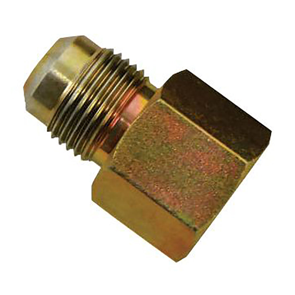Brass flare-to-FIP plumbing fitting with hex ends and threaded connectors