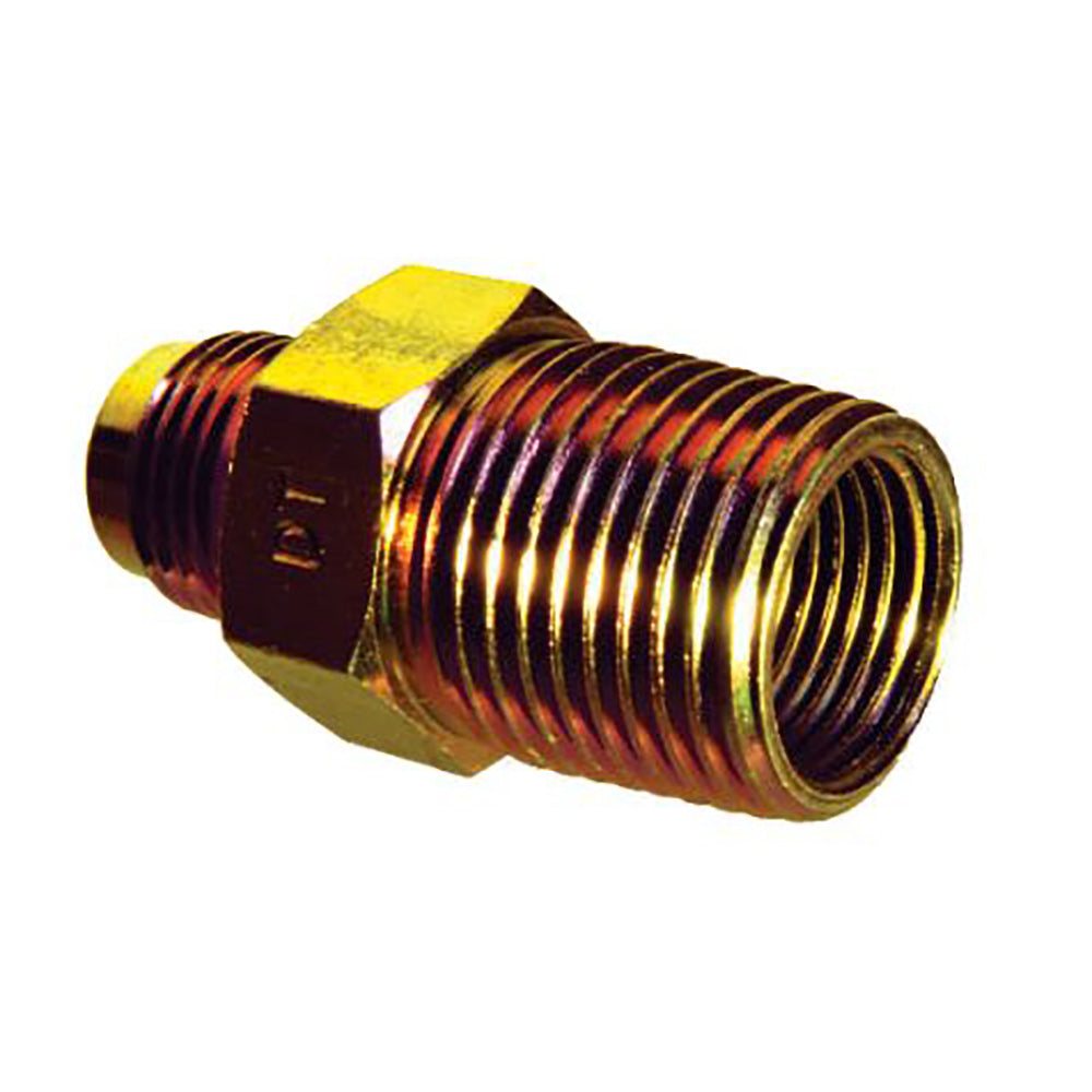Brass pipe fitting with hex connector and threaded ends, yellow-gold and dark red
