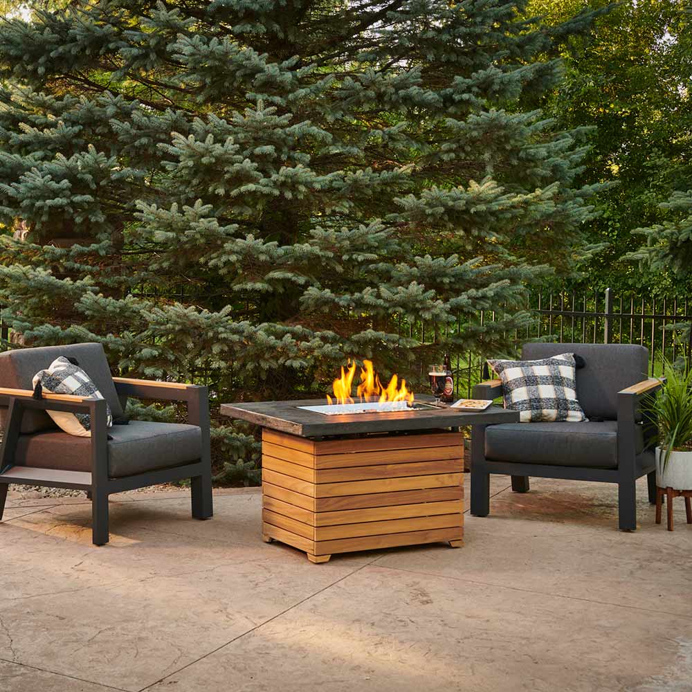 The Outdoor GreatRoom Company DAR-1224-EBG Darien Gas Fire Pit Table with Everblend Top and Teak Base, 44x30-Inch