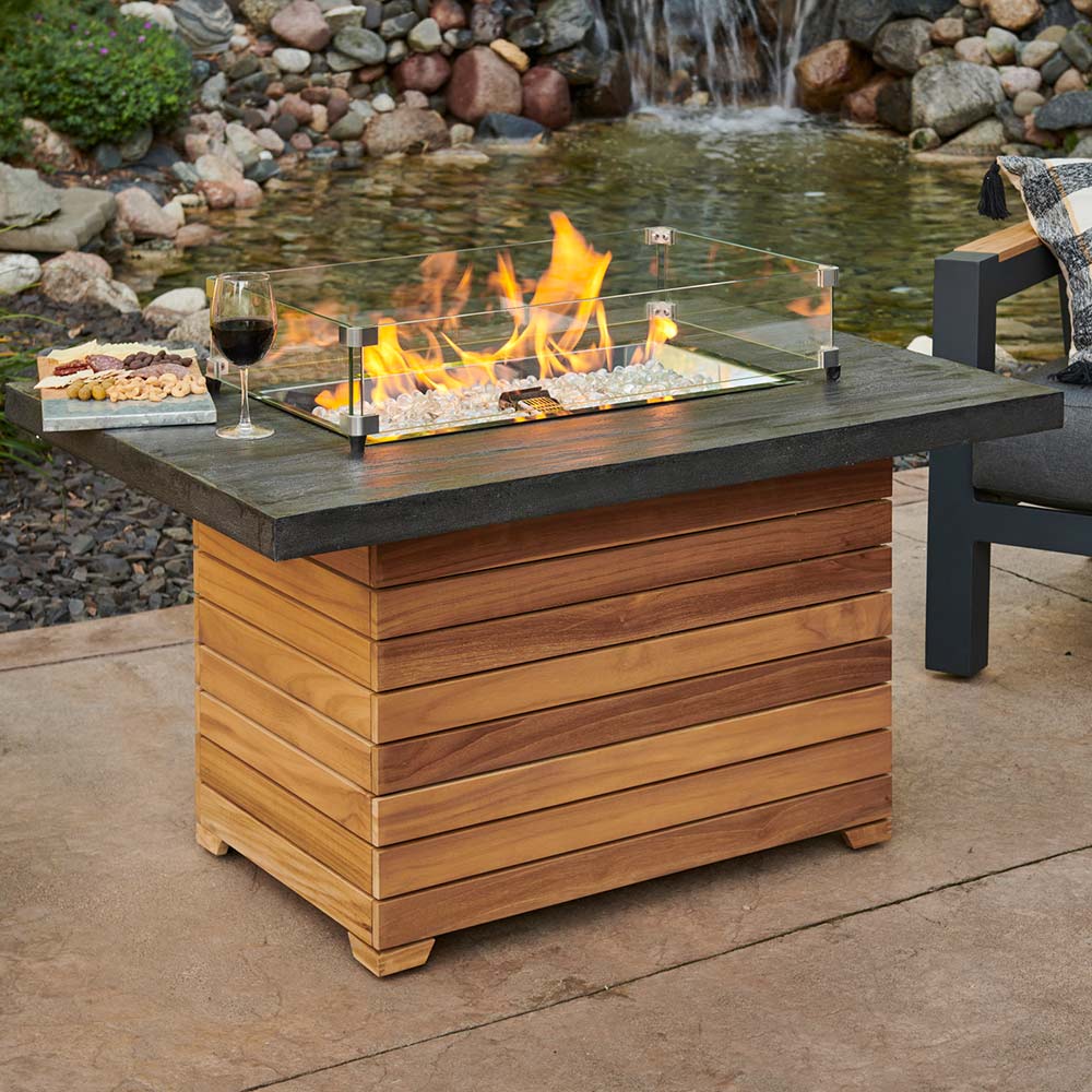 The Outdoor GreatRoom Company DAR-1224-EBG Darien Gas Fire Pit Table with Everblend Top and Teak Base, 44x30-Inch