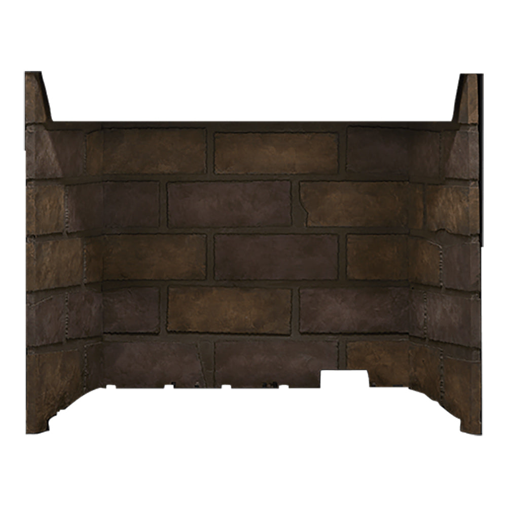 Brown brick fireplace surround panel with rectangular stacked stone pattern