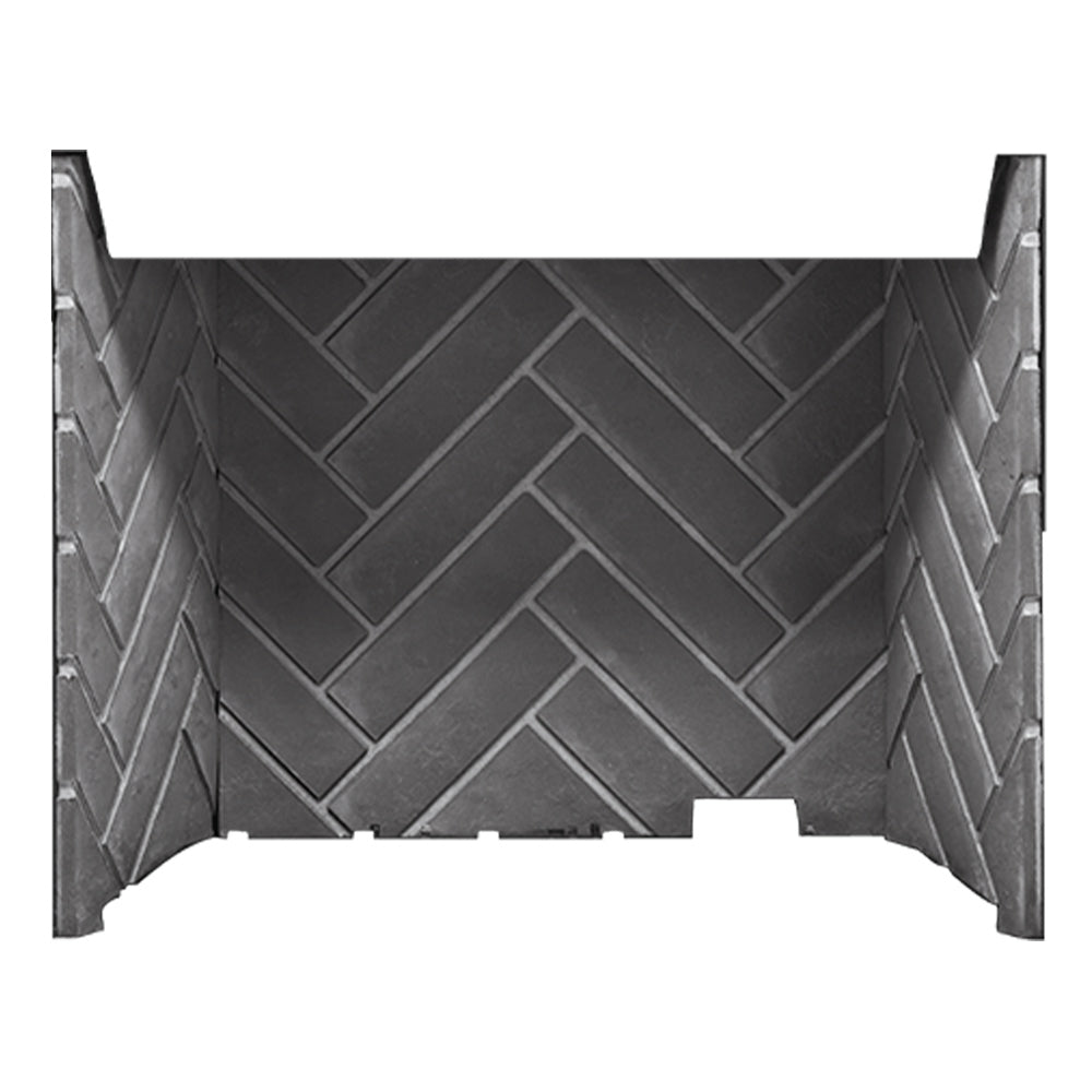 Outdoor fireplace brick panel with dark gray herringbone brick pattern