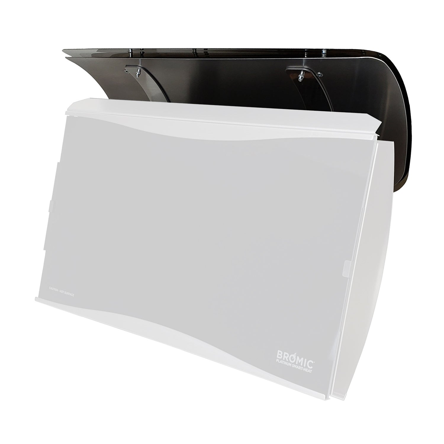 Heat deflector shield panel with Bromic logo, white outer cover over dark base