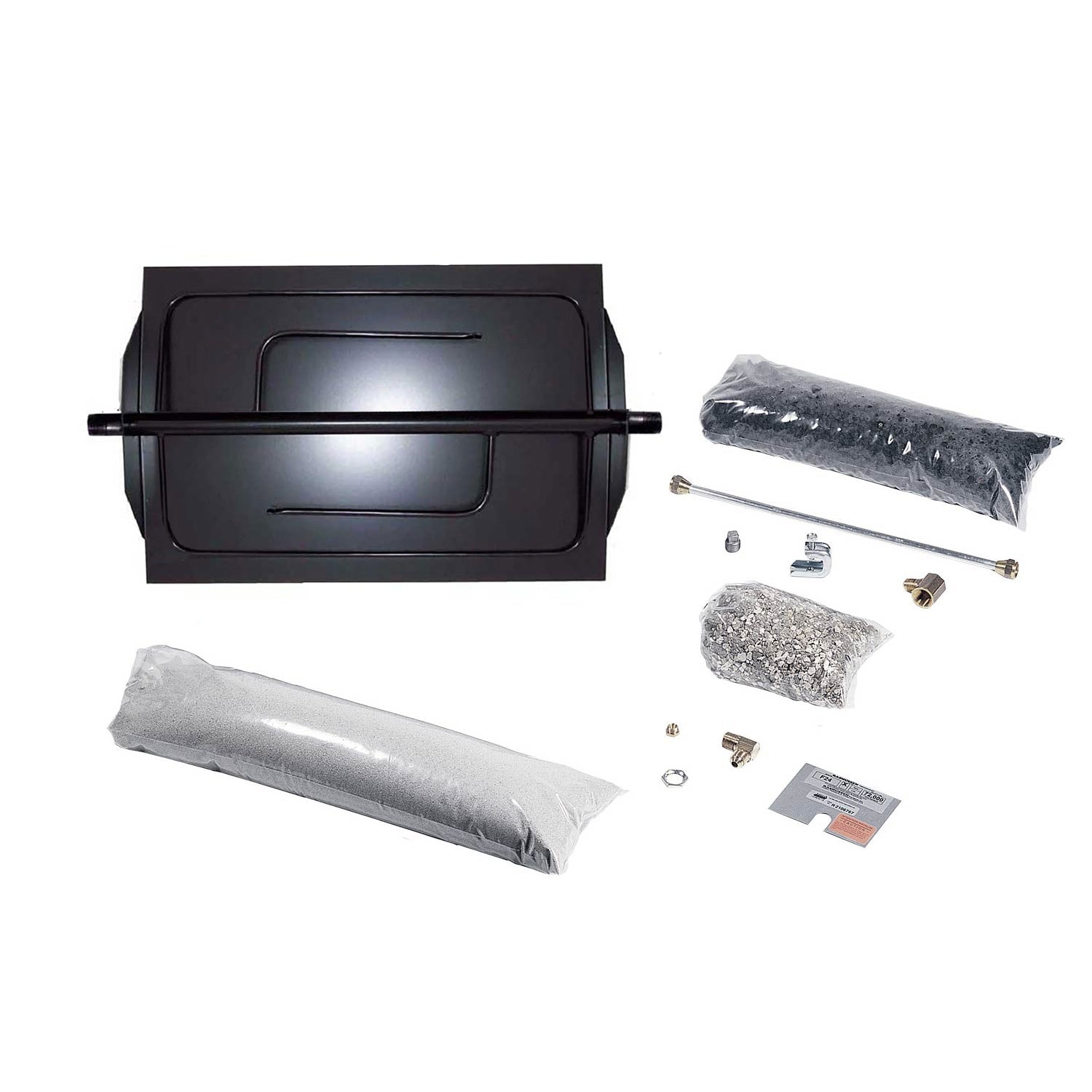 Vented fireplace burner kit with black burner box, grey fire media, and hardware