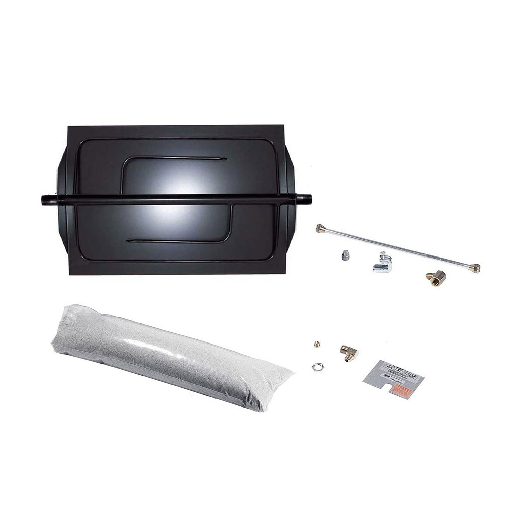Vented fireplace burner kit with black burner box, grey fire media, tubing, and screws