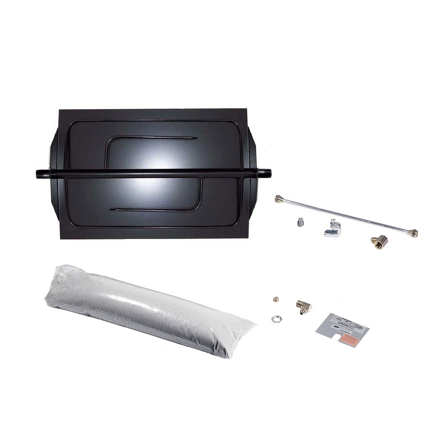 Vented fireplace burner kit with black burner box, grey fire media, tubing, and screws