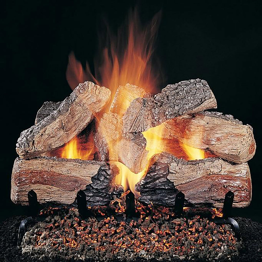 Rasmussen double-sided gas fire logs with orange flames between charred log pieces