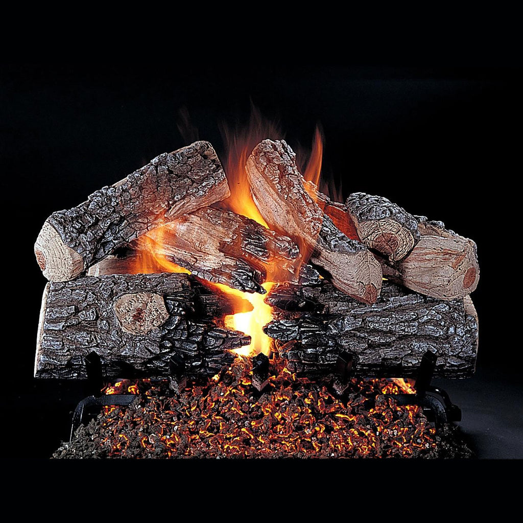 Gas fire logs with glowing embers and visible flames, double-sided style.