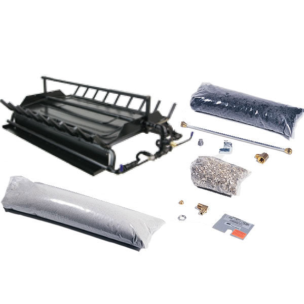 Double-sided multi-burner and grate kit with burners, grates, and mounting hardware