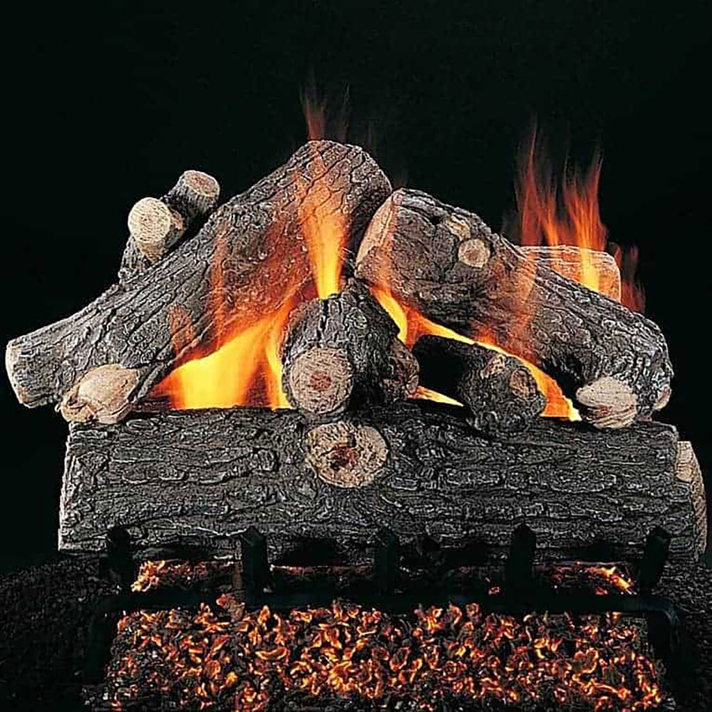 Charred oak gas logs with visible flames and glowing embers