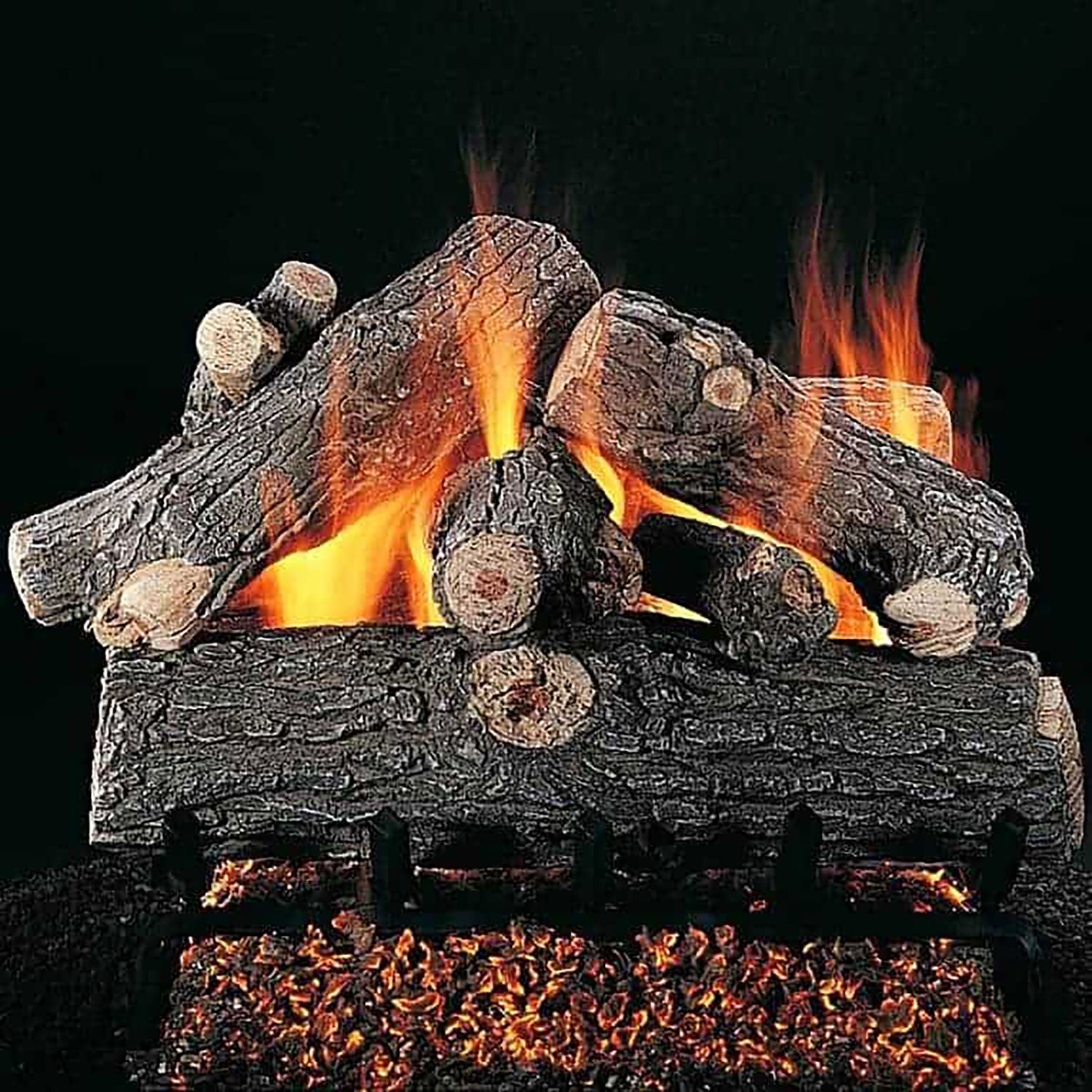Charred oak gas logs with visible flames and glowing embers