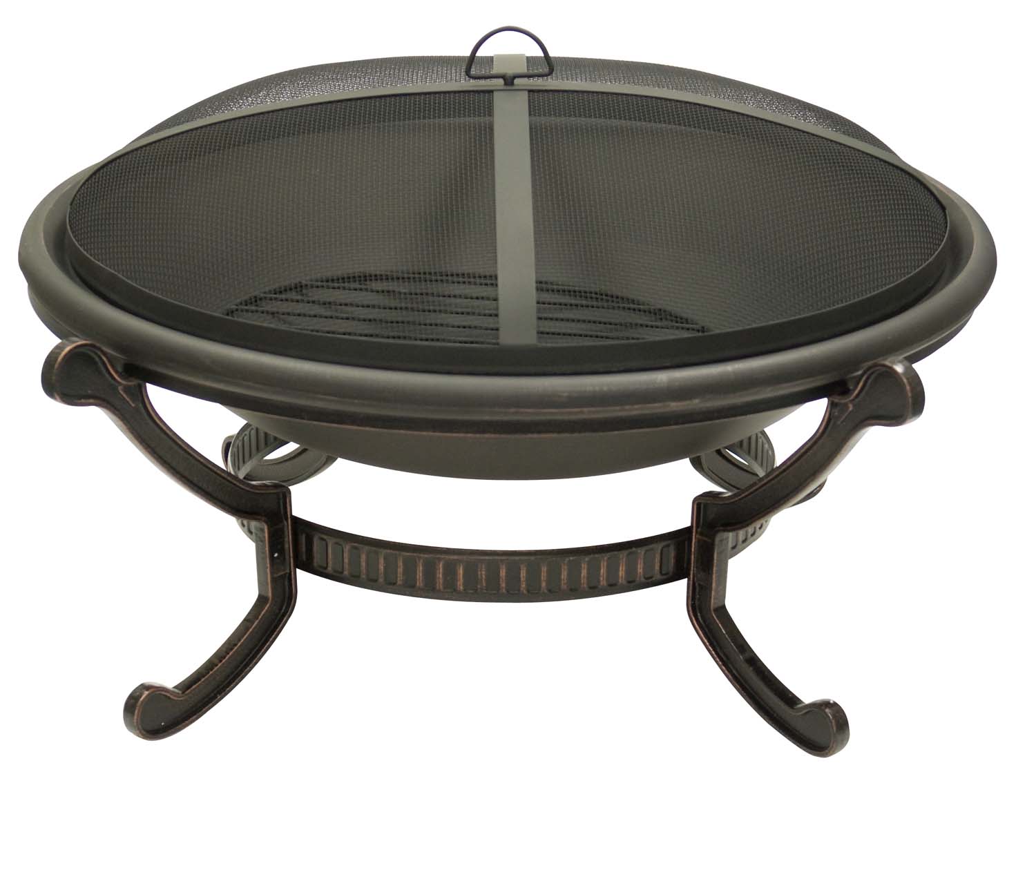 Large wood-burning fire pit with round mesh spark screen and curved metal legs