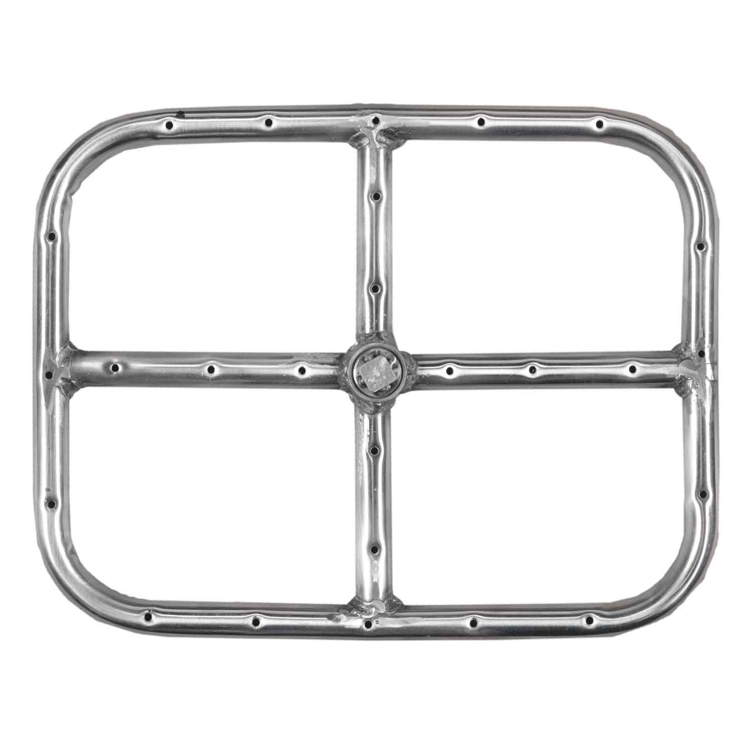 Stainless steel fire ring with rectangular frame and circular center hub