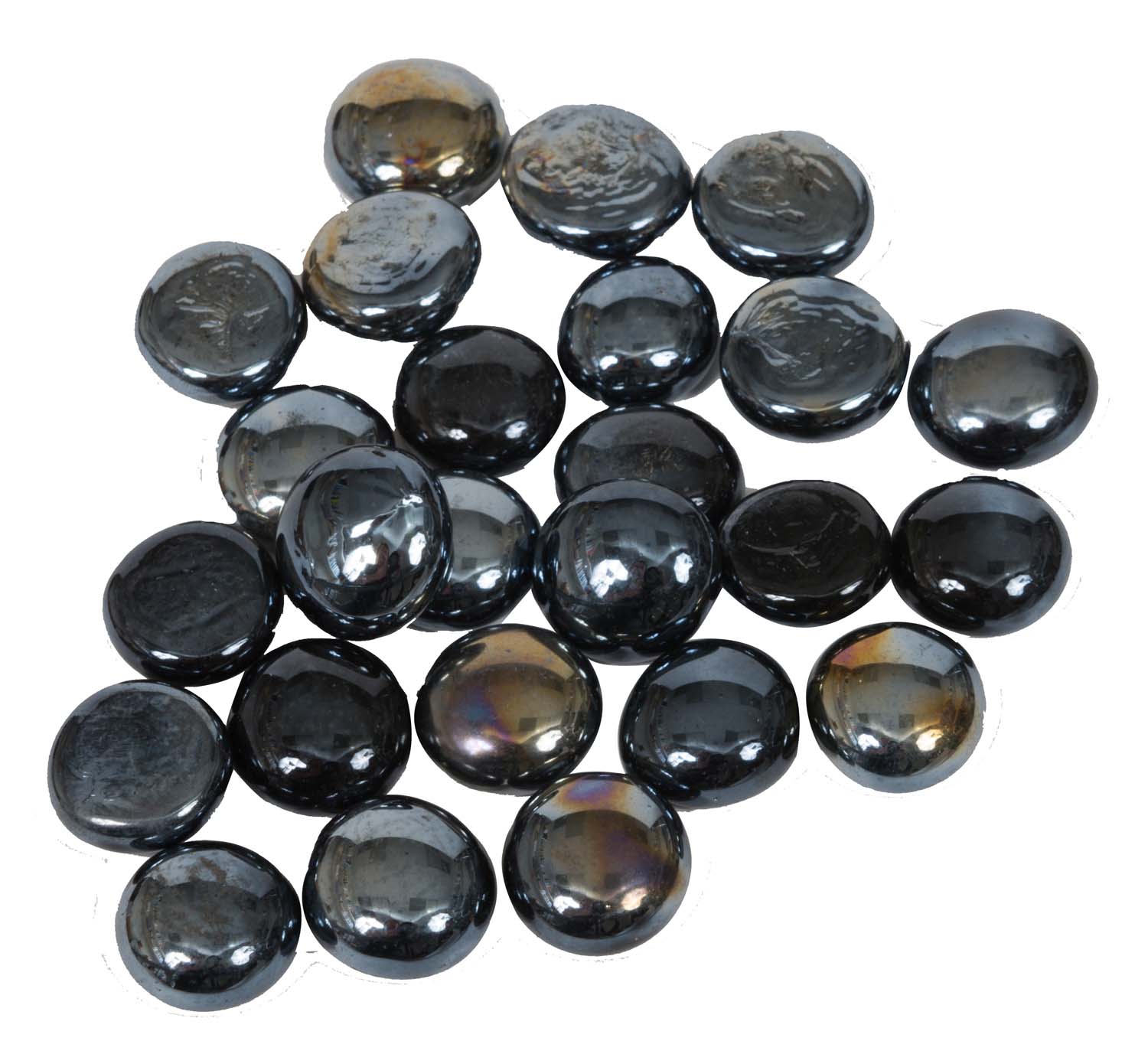 3/4-inch black iridescent fire beads, round glass-like beads.