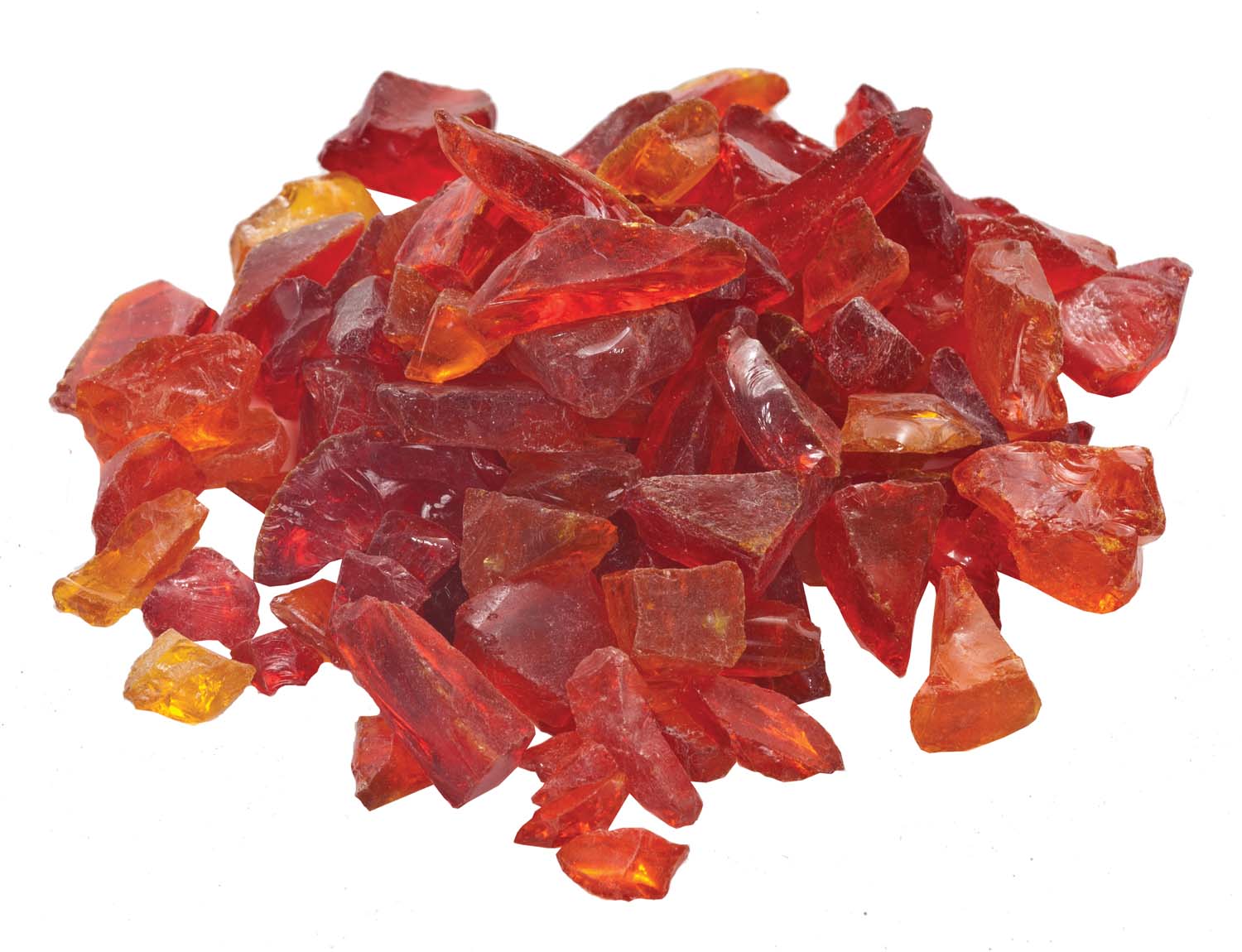 Orange and red translucent fire glass chunks, 1/2–3/4 inch