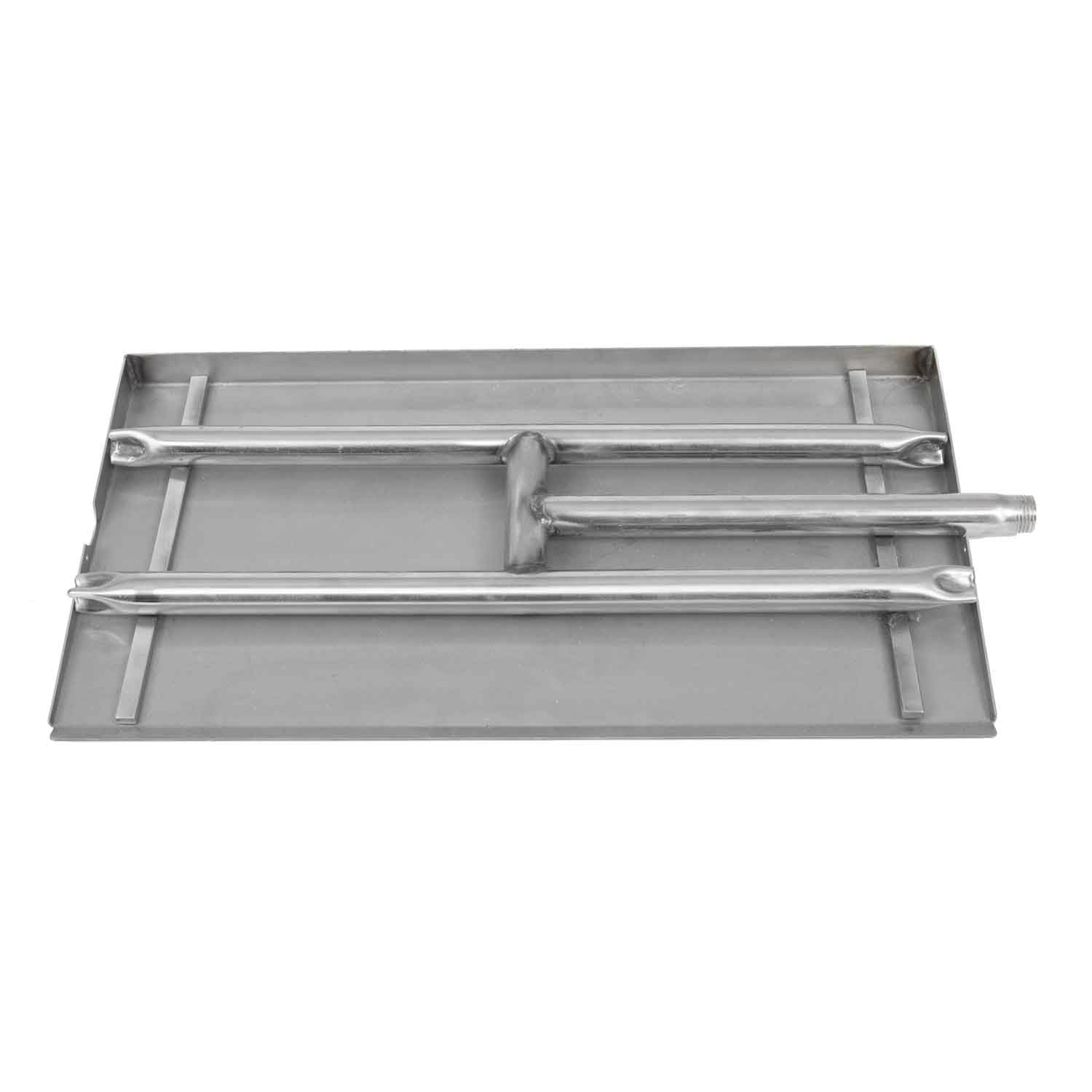 Stainless steel gas ember pan with rectangular tray and integrated burner tube, metal handles