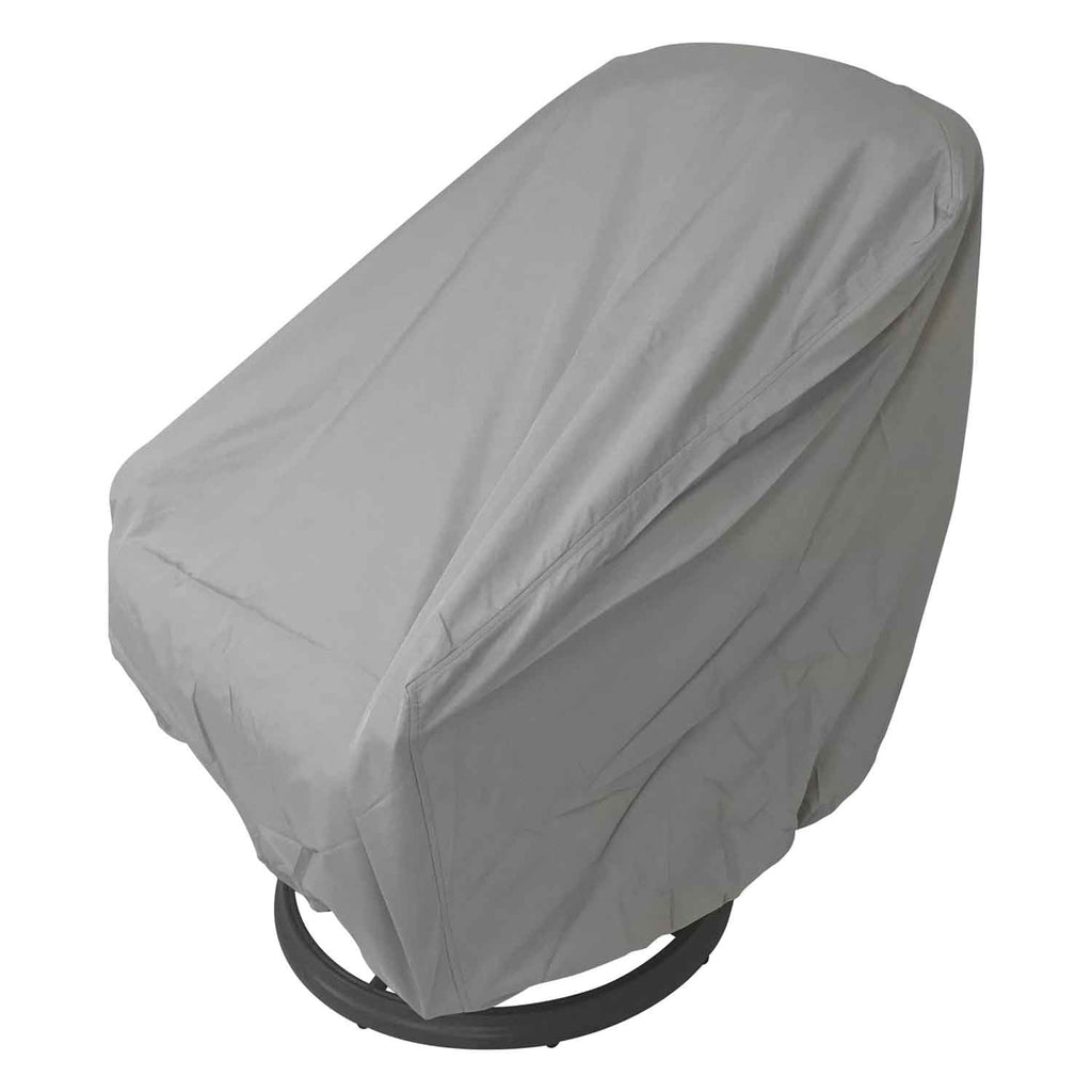 Large chaise lounge patio furniture cover, beige fabric with fitted hood-like shape