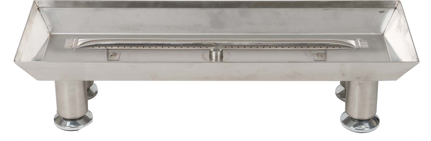 Stainless steel burner pan with straight burner and mounting feet
