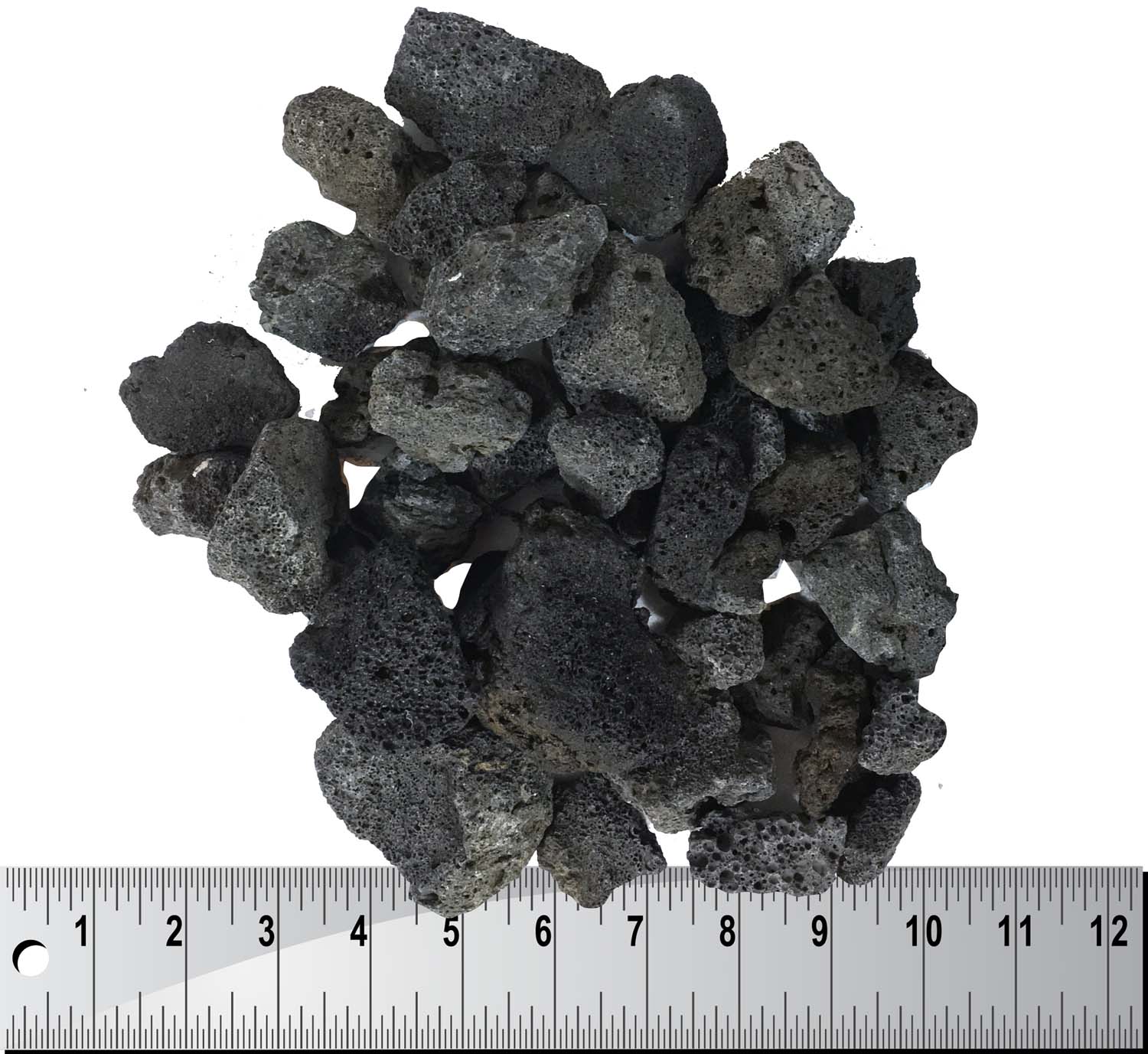 Bag of lava rock, dark gray porous stones with rough texture.