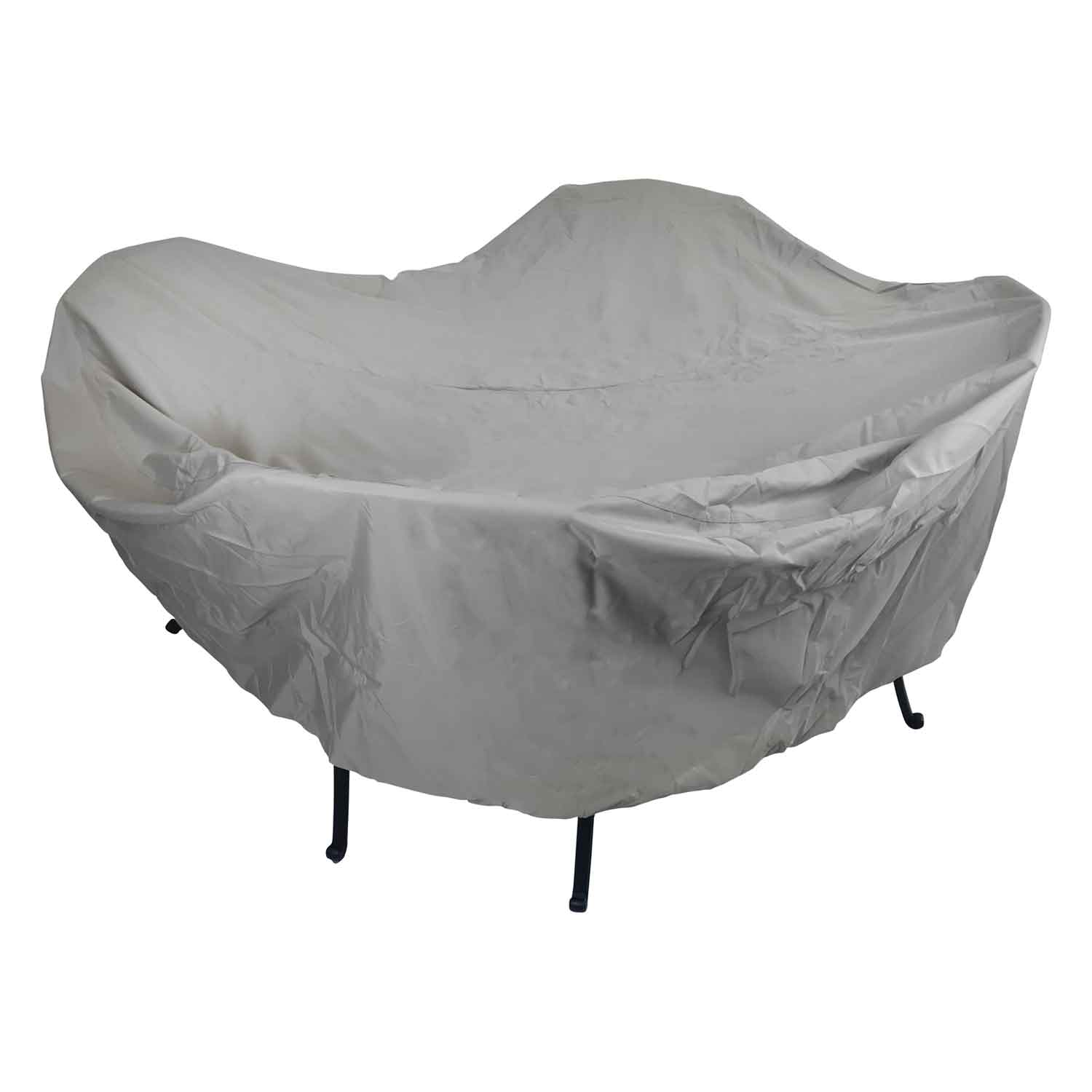 Round patio furniture cover with adjustable straps, light-colored fabric.