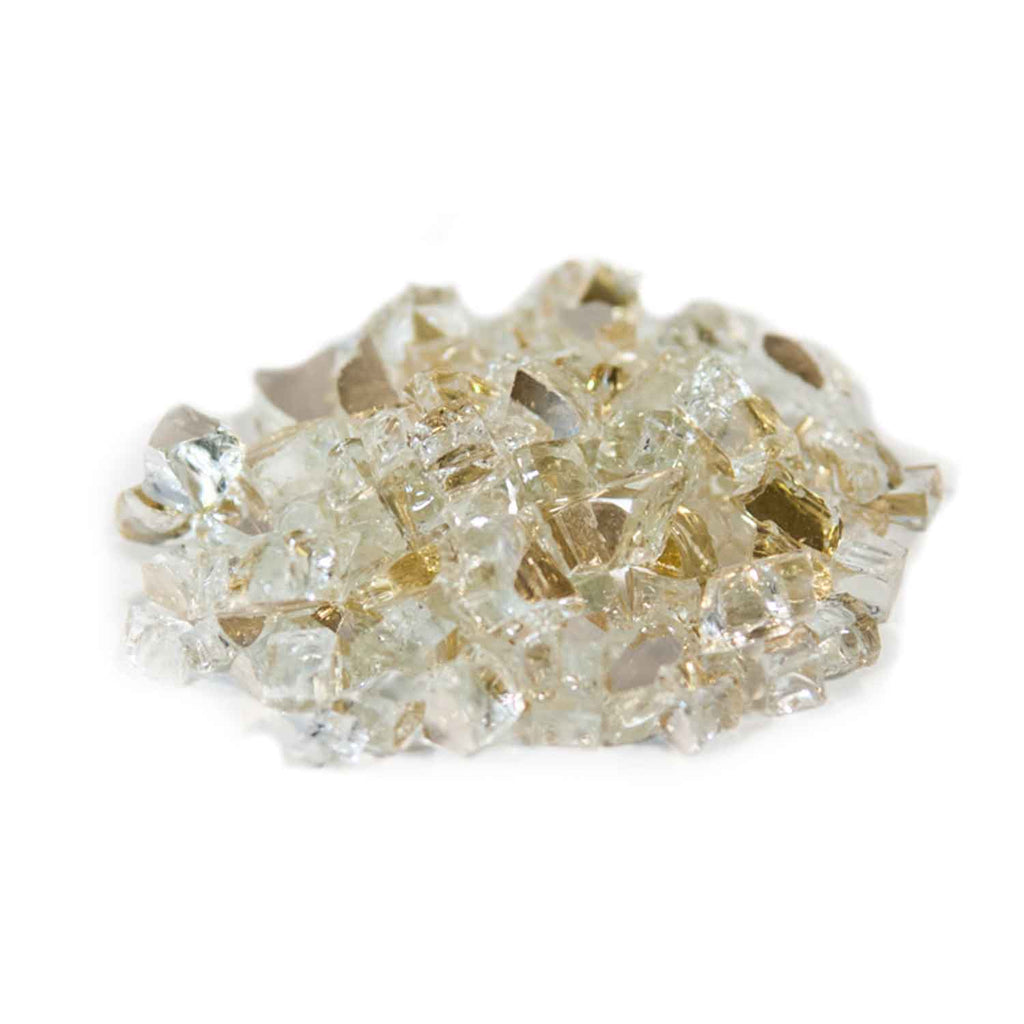 Gold and clear reflective fire glass gravel with glittery glass shards