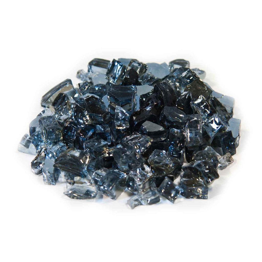 Reflective fire glass, dark blue and black crushed glass pieces, 1/2 inch chunks