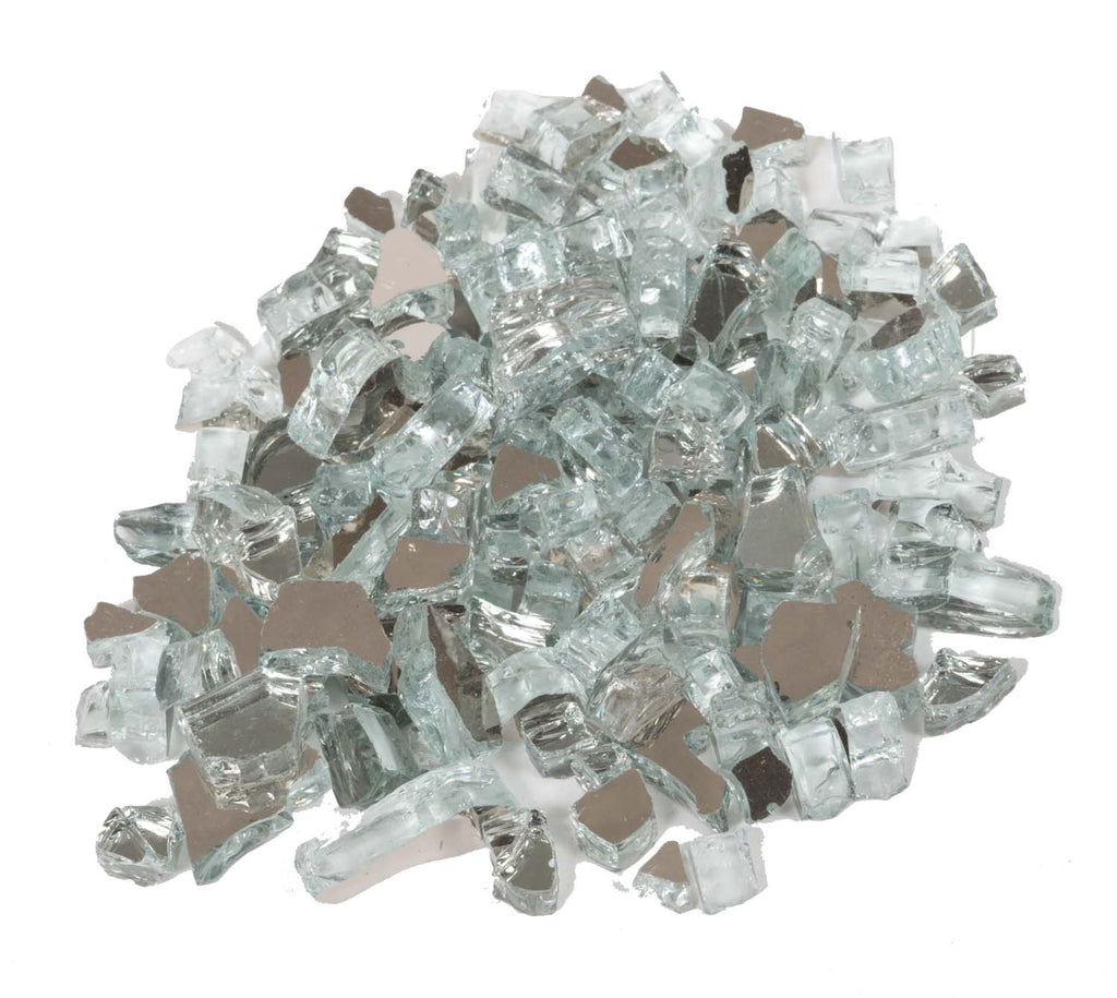 Reflective fire glass, small silver-tinted square glass pieces