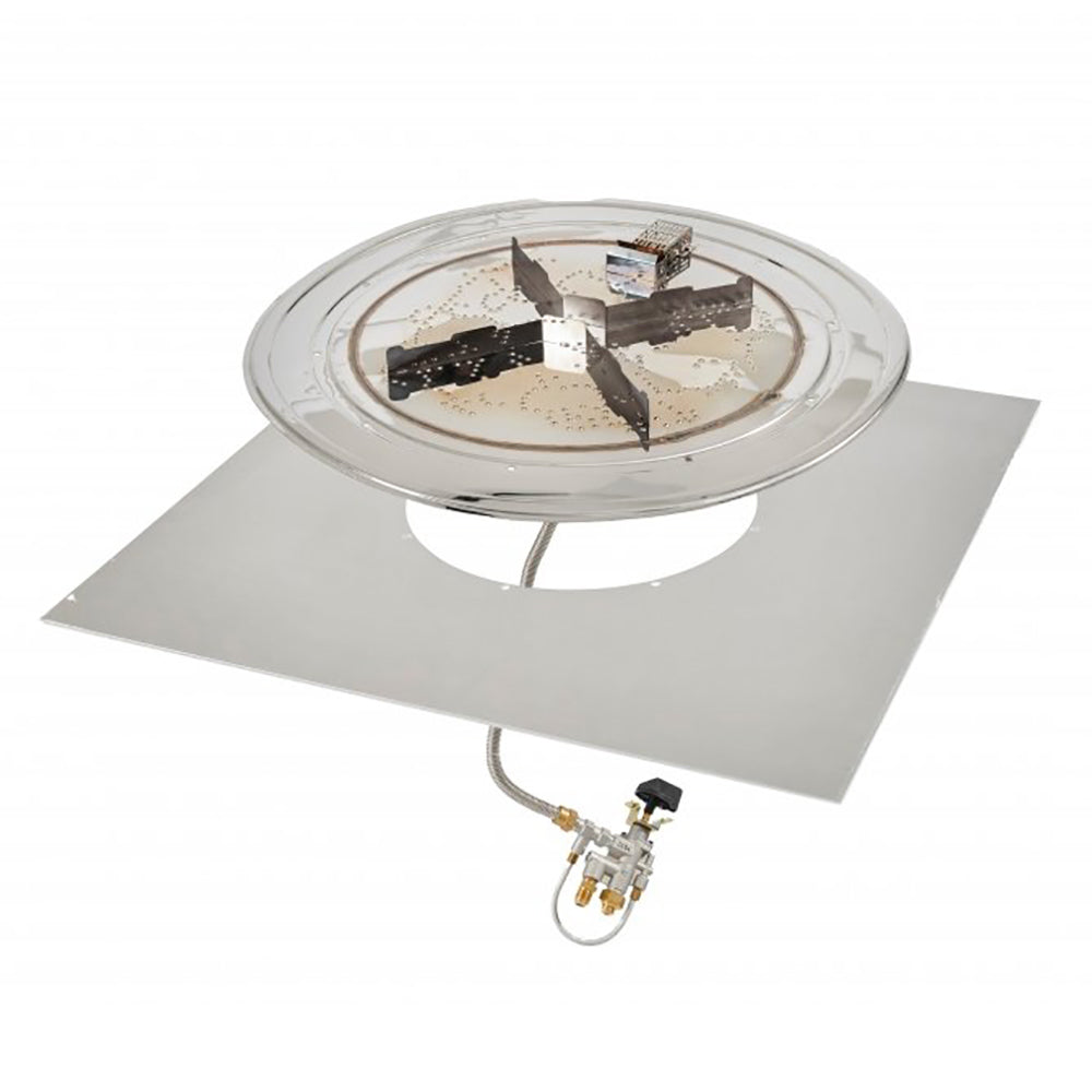 Round stainless gas fire pit burner with gray base and gas valve connections
