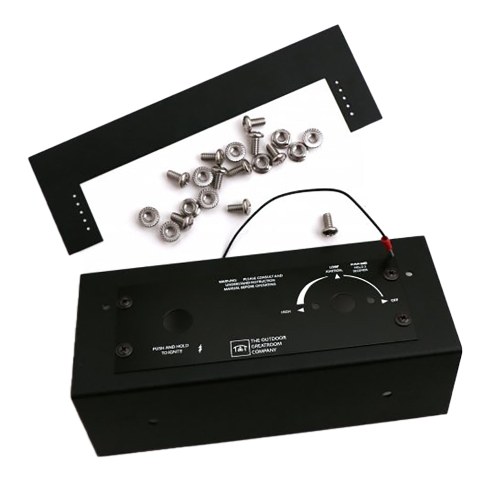 Black gas fire pit control box with hardware screws and bolts