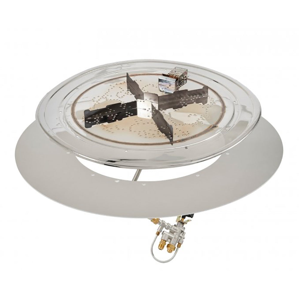 Round gas fire pit burner pan with clear and amber glass gems